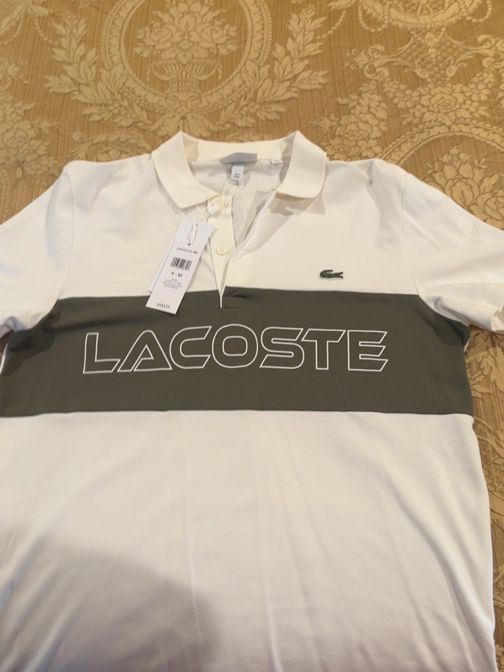 Lacoste White Polo with Olive Green Chest Band and Logo